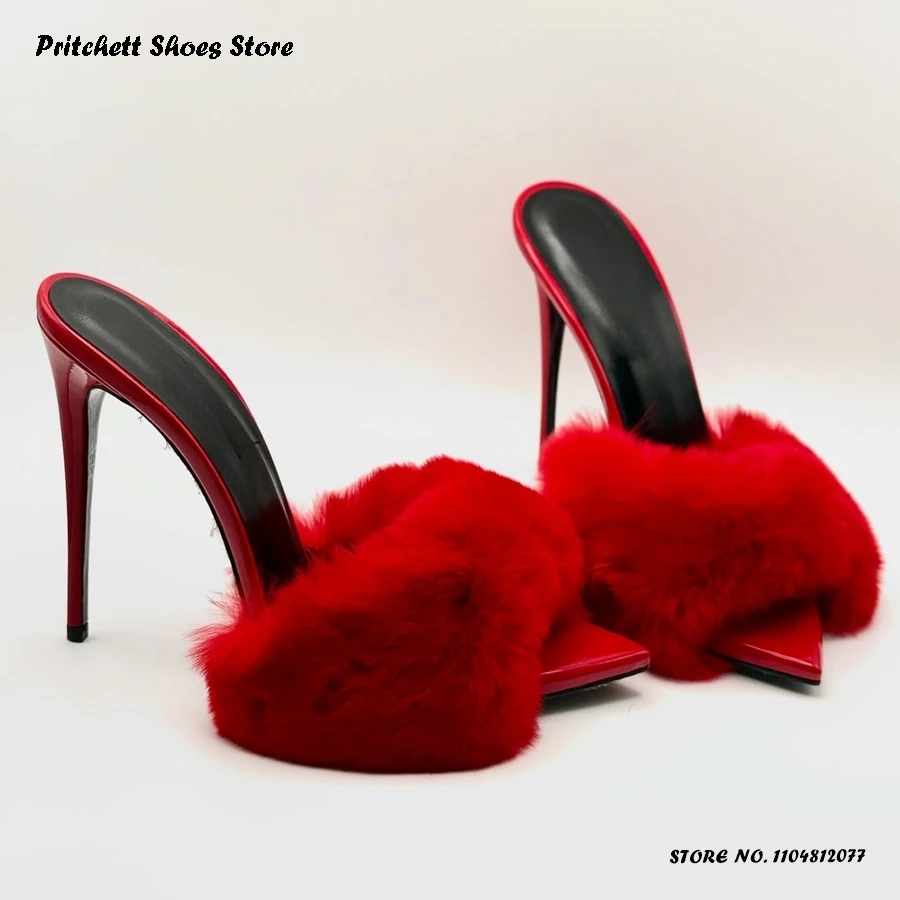 

Модные тапочки из искусственного меха, пикантные женские туфли с острым носком и открытым носком на тонком каблуке, весна-лето, изящные кожаные сабо без шнуровки