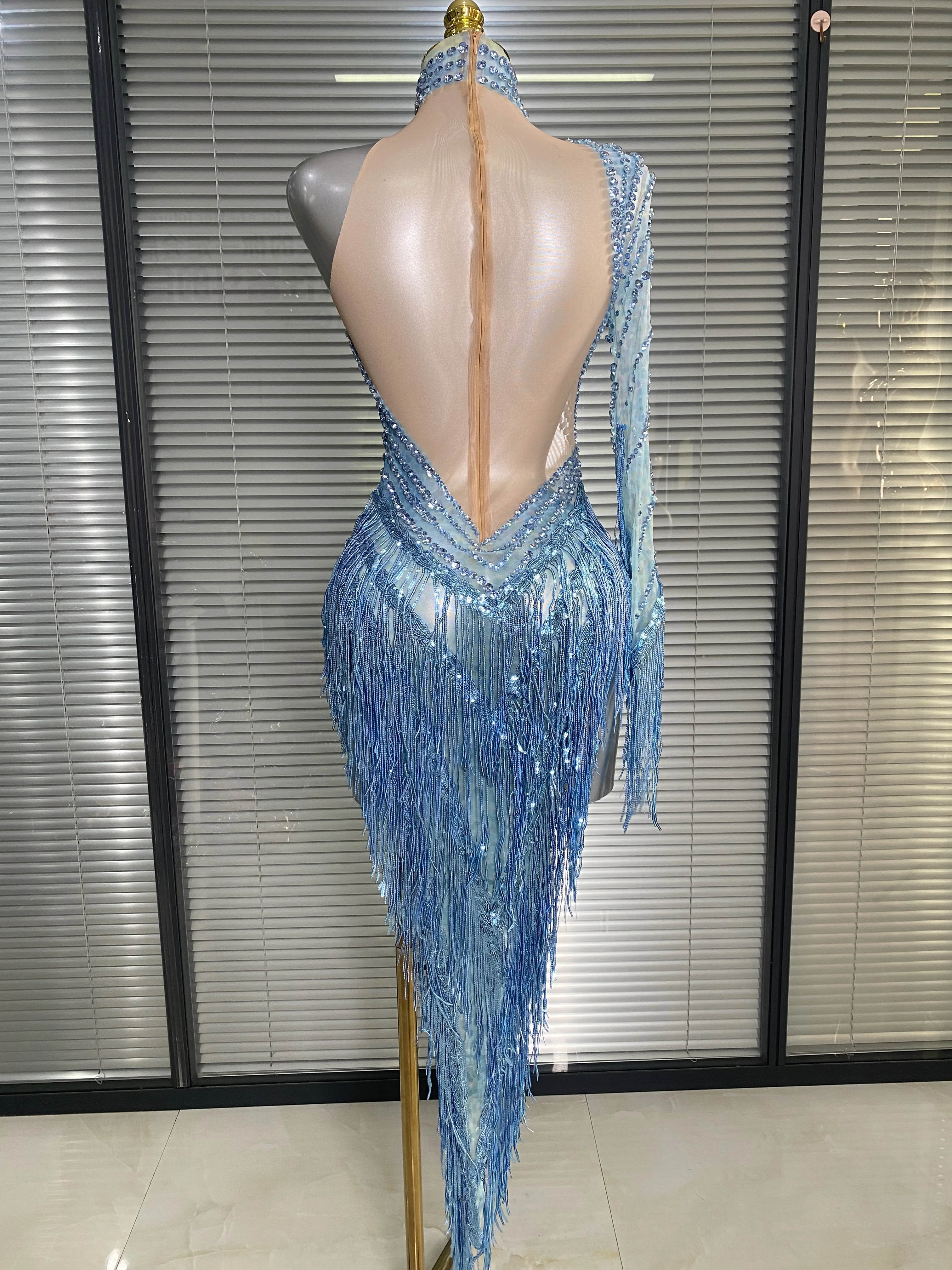Women Sexy Sparkly Rhinestone Tassels Blue Mesh See Through High Split Short Birthday Dress Party Nightclub Performance Costume view 4