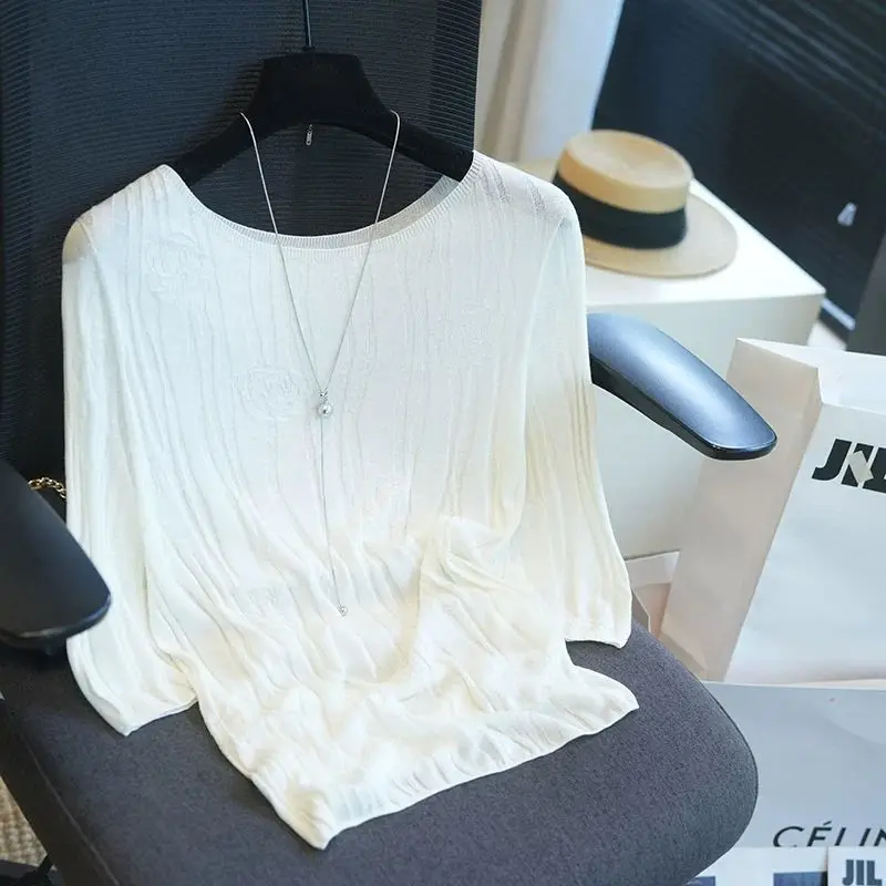 

Dave&di Seven Inch Sleeve Temperament Knitted Sweater T-shirt Top For Women T-shirt Woman Clothes Female Clothing