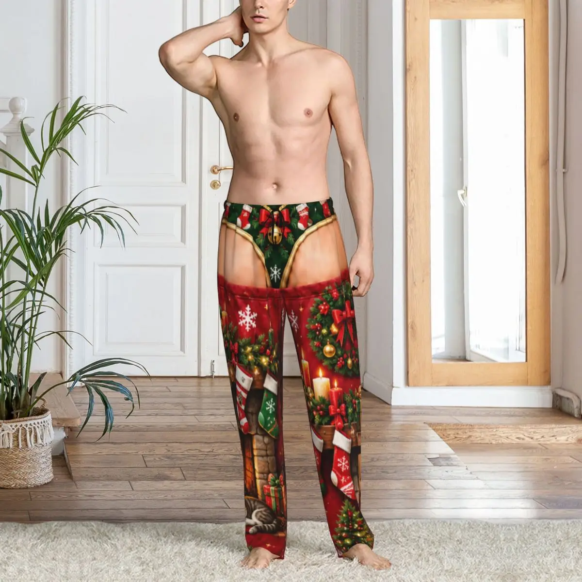 Men Merry Christmas Santa Claus Snowman Lounge Pants Comfy Pajama Sleep Bottoms With Pockets