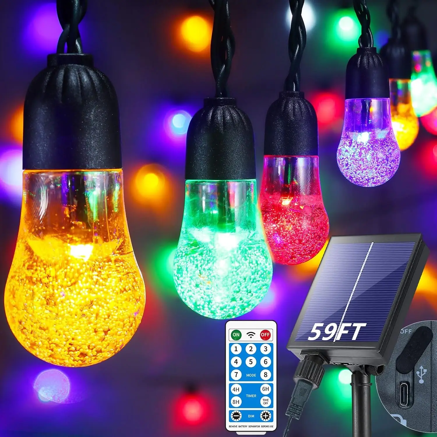 

Solar String Lights Outdoor Waterproof 59Ft Multi-Color Globe Lights with Remote Control