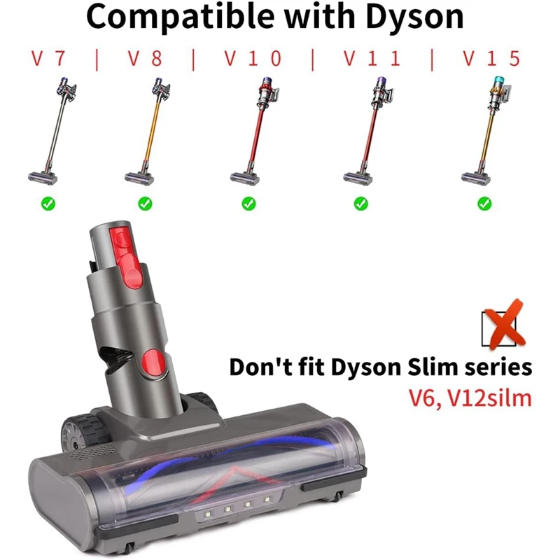 Brosse pour aspirateur Dyson V7 V8 V10 V11 V15, pièces de tête de brosse interchangeables avec lumières LED pour sols durs et tapis