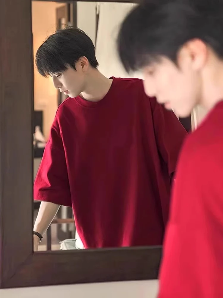 

Cleanfit Wine Red ort Sve round Ne Pure Cotton Versatile American Oversize Trendy Lazy Base irt Top for Teens