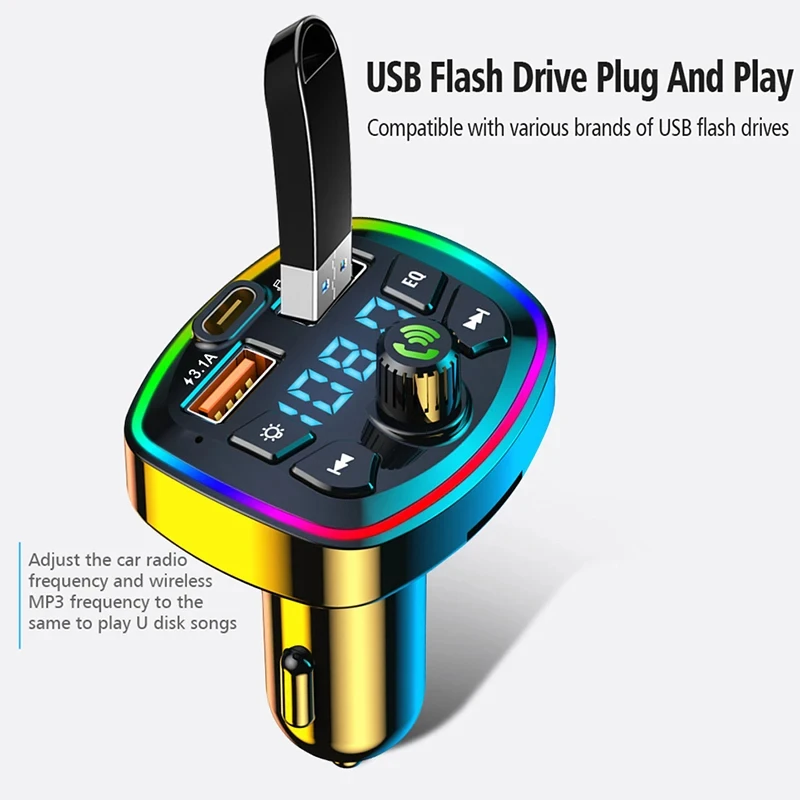 Car MP3 Player Fm Transmitter Wireless Bluetooth 5.0 Audio Receiver Handfree Type-C Dual Usb Car Fast Charger Car Kit