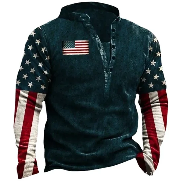 Deep V-neck T-shirt Men's Casual Printed Long Sleeved Tshirt Standing Collar Button Top Men Vintage T Shirt Multi Color Slim Tee