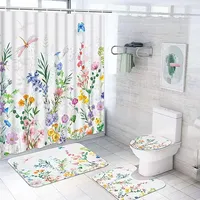 4 Pcs Watercolor Floral Shower Curtain Set with Rugs Toilet Lid Cover Bath Mat Plant Botanical Fabric Butterfly Bathroom Decor