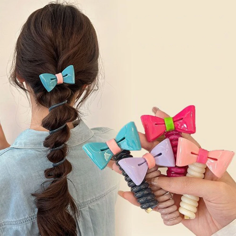 Sweet Bow knot Telephone Line Hair Ties Spiral Coil Rubber Bubble Braid Headband Hair Accessories High Elastic