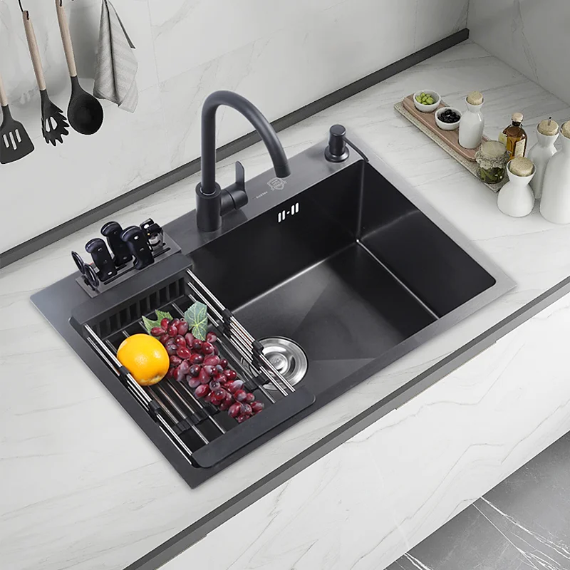 Wholesale  Modern Multifunction Undermount 304 Stainless Steel Nano Black Single Bowl Kitchen Sink Handmade  Sin