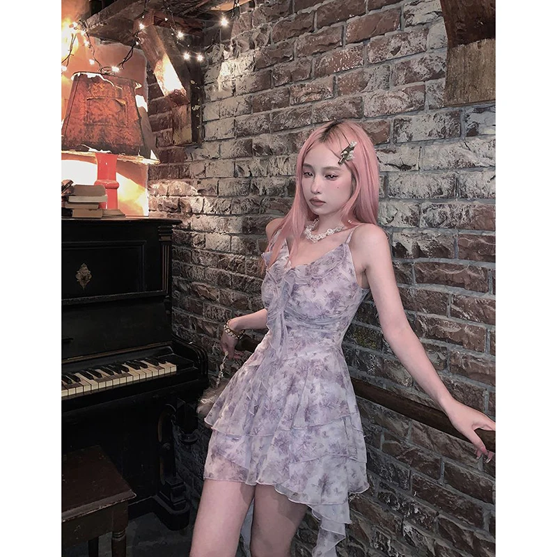 Dolce stampa floreale Mini abito da donna Y2K Vintage Party Ruffles Camis Dress Moda coreana Sexy cinturino per spaghetti Abiti estivi
