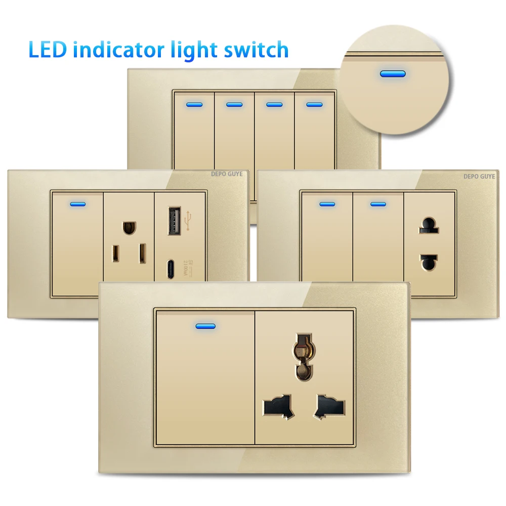 

Американский стандарт, настенный светодиодный выключатель, панель из закаленного стекла, США, Мексика, USB Type-C, настенная розетка для быстрой зарядки, золотой тип 118.