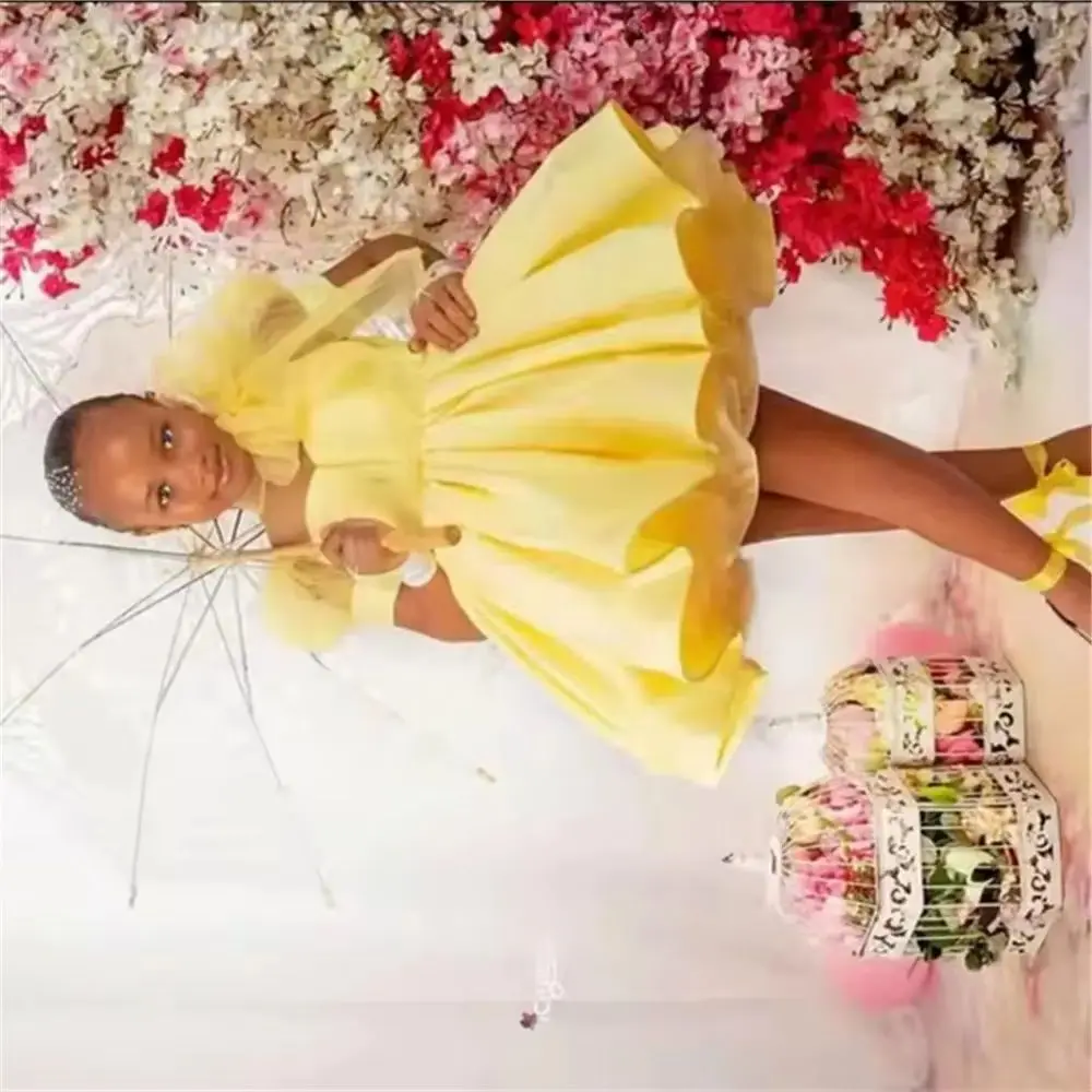 

Праздничное платье для девочки на заказ, многослойная фатиновая юбка с оборками, детское свадебное платье с высоким воротом