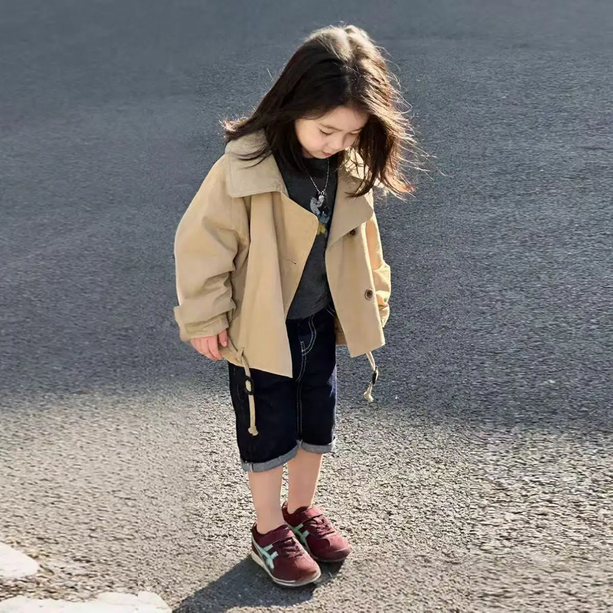 

Girls Windbreaker Coat Spring and Autumn New Style Children's Stylish Versatile Casual Hooded Single breasted Jacket