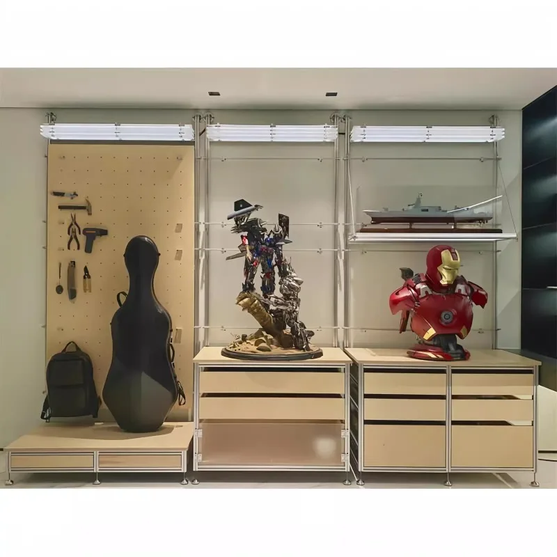 Medieval hole board shelf with lamp aluminum profile bookcase display shelf storage drawer storage shelf home living room