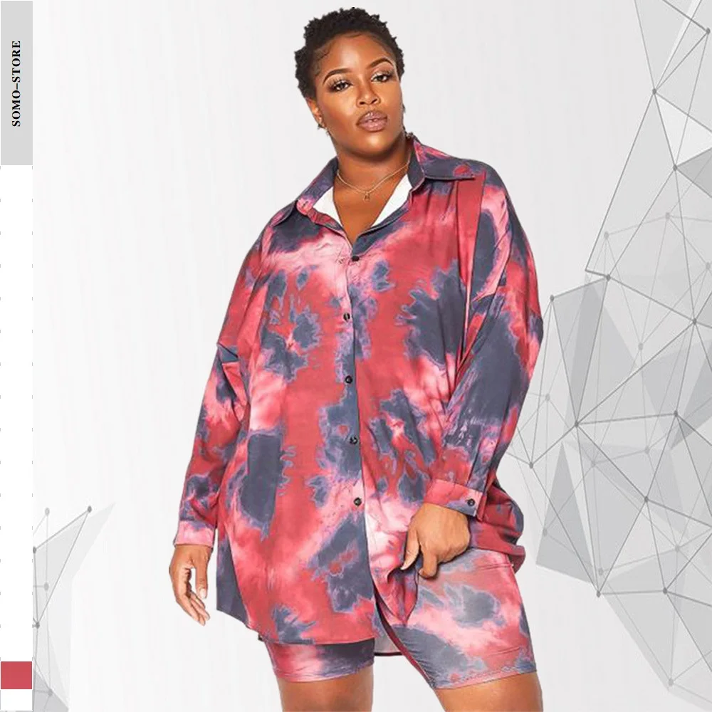 

Plus Size 2 Piece Set Women Long Sleeve Shirt Loose Tie Dye Spring Outfit Elastic Biker Shorts Tracksuit Wholesale Dropshipping