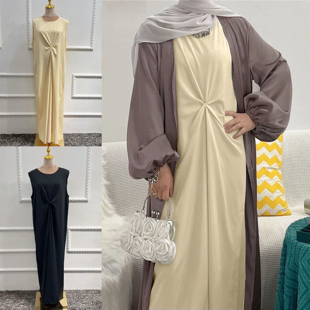 Fashion Muslim Inner Dress Solid Color Islamic Inside Abayas Robes Fancy Dress French Stylish Modesty Sleeveless Dress Vestido