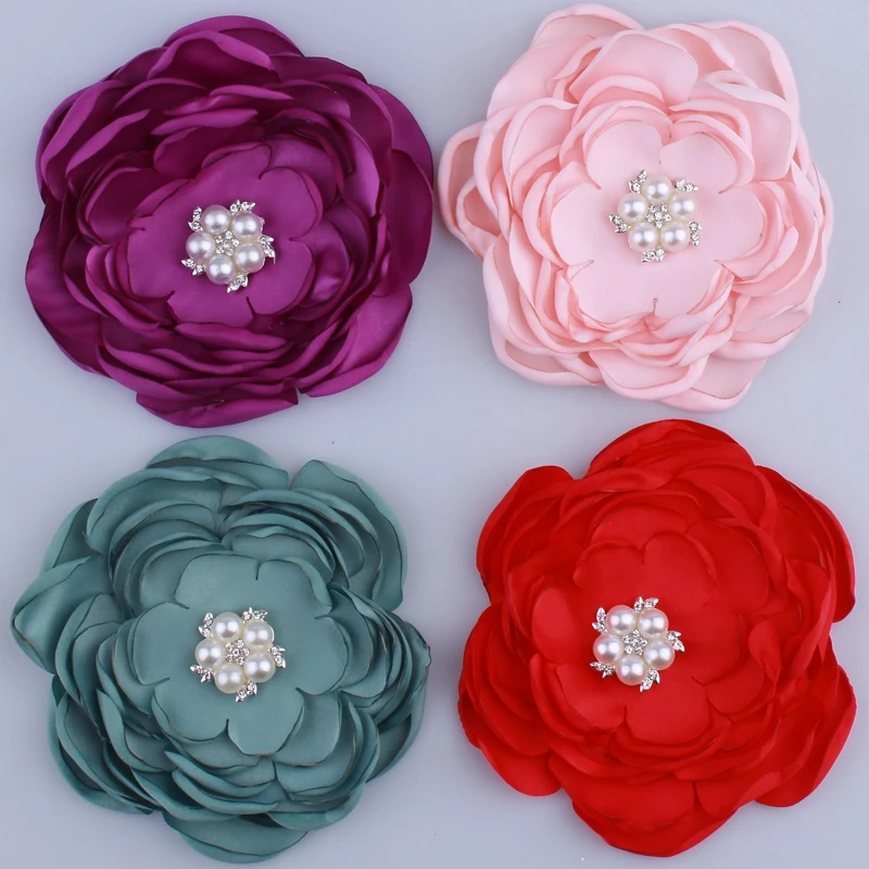 50PCS 9.2CM New Satin Fabric Burned Flowers With Rhinestone Pearl For Hair Accessories Chiffon Flower For Headbands Clothes