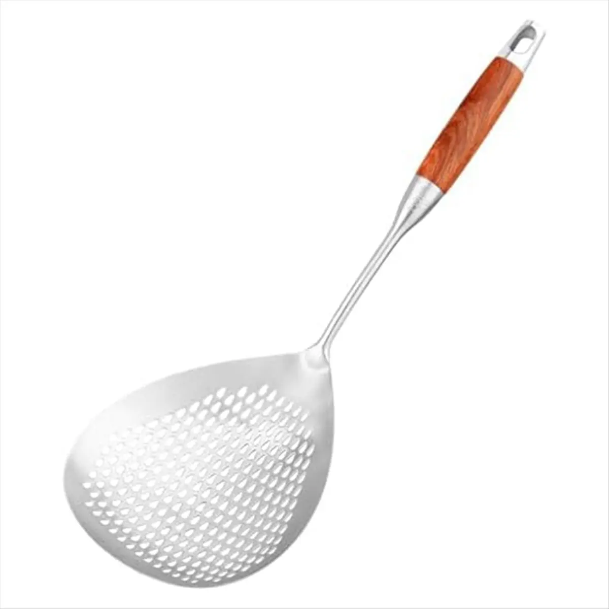 A75K Large Skimmer Slotted Spoon - 304 Stainless Steel Skimmer Spoon with Wooden Long Handle, 16 Inches Deep Fryer Scoop