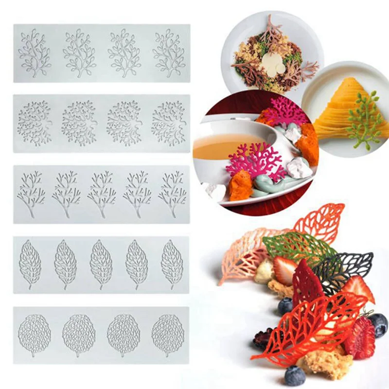 A84E-Molecular Cuisine Plating Silicone Mold 5-Pack Leaves Silicone Mold Fondant Mold Lace Mat Cake Mold