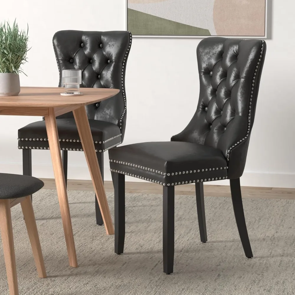 Black Dining Chairs Set of 6, Upholstered Velvet Dining Room Chairs with Back Ring Pull Trim and Solid Wood Legs