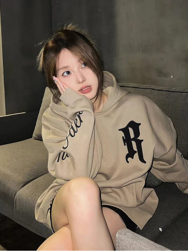 Letter Printing Hooded Hoodies Text Sport Women's Sweatshirt Graphic Brown Woman Clothing Top E Warm New In Offer Stylish