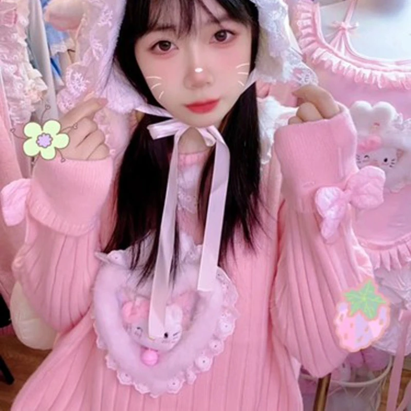Original Handmade HelloKitty Spicy Pure Desire Wind Sweet Versatile Autumn/Winter Cute Pink Knitted Sweater Sweet Girl Sweater
