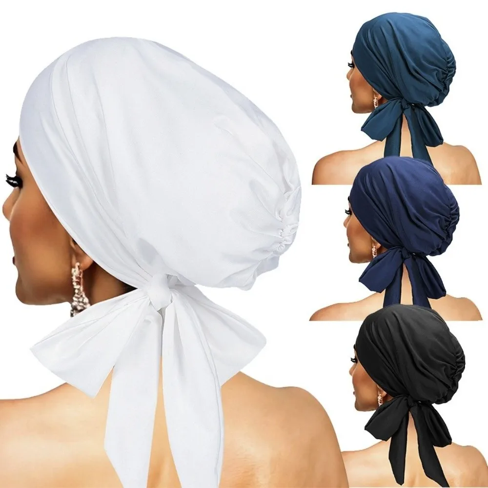 

New Solid Color Breathable Base Cap Breathable Long Tail Hijab Cap Comfortable Elastic Headscarf Hat for Muslim Women