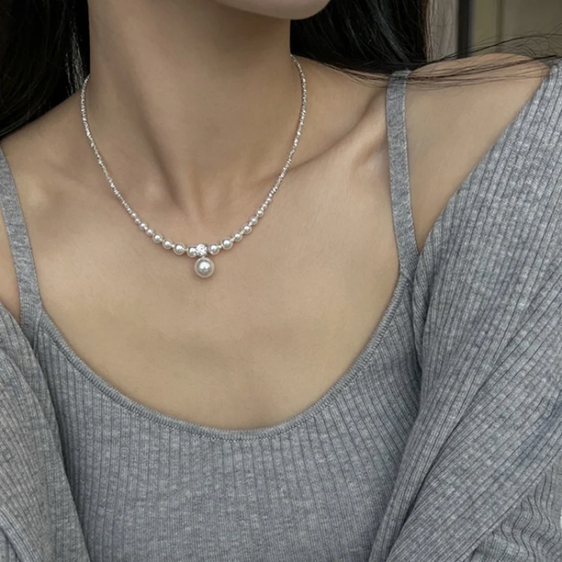 Shijia Strong Light PearlS925Sterling Silver Gradient Small Pieces of Silver Necklace Special-Interest Design High-Grade Clavicl