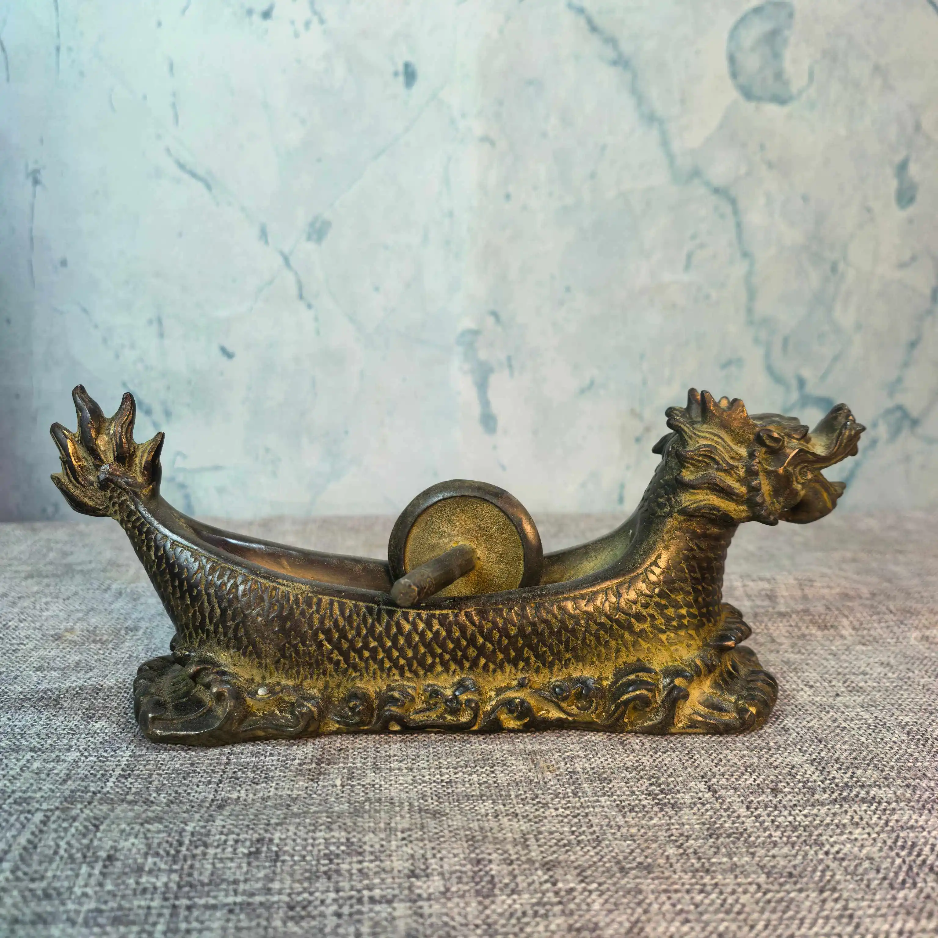 Vintage Chinese Copper Dragon Boat Medicine Grinder Antique Craft Collectible Home Pharmacy Decor Ornament