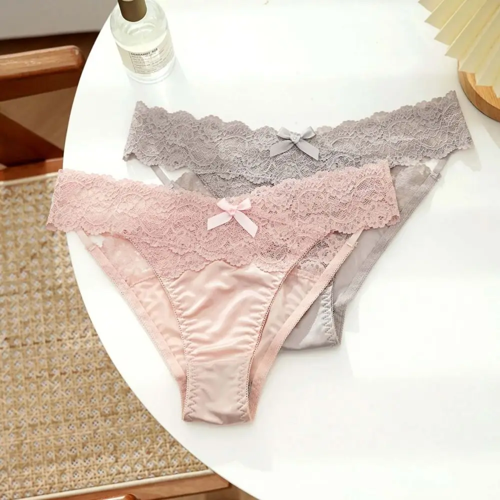 

Breathable Cross Satin Silk Panties Bowknot Thin Lace Bow Briefs Underwear Transparent Women's Underpants Daily