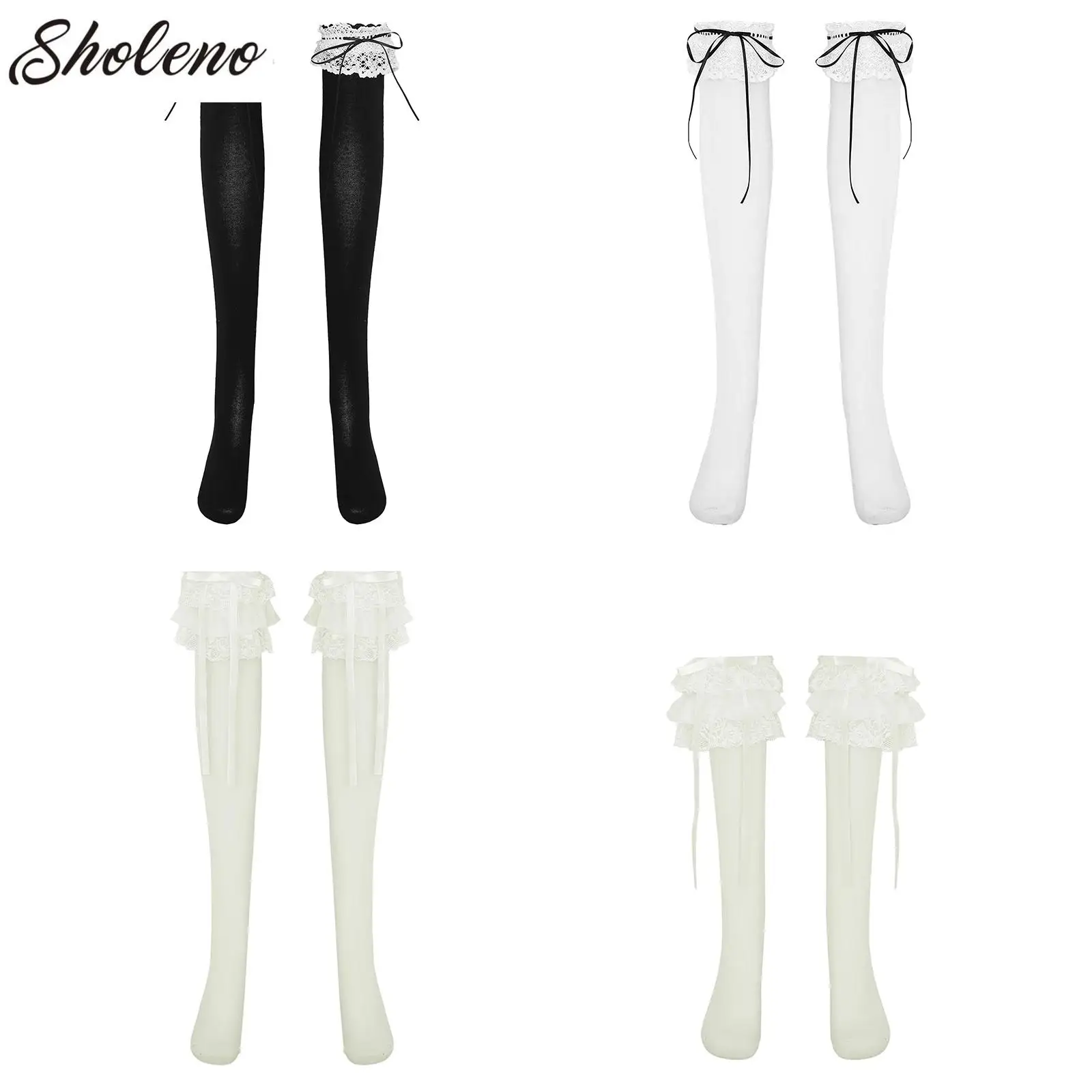 1 Pair Women Lolita Knee High Stockings Tiered Lace Ruffle Bowknot Long Socks Jk Cosplay Costumes Accessories Cute Girl Gifts