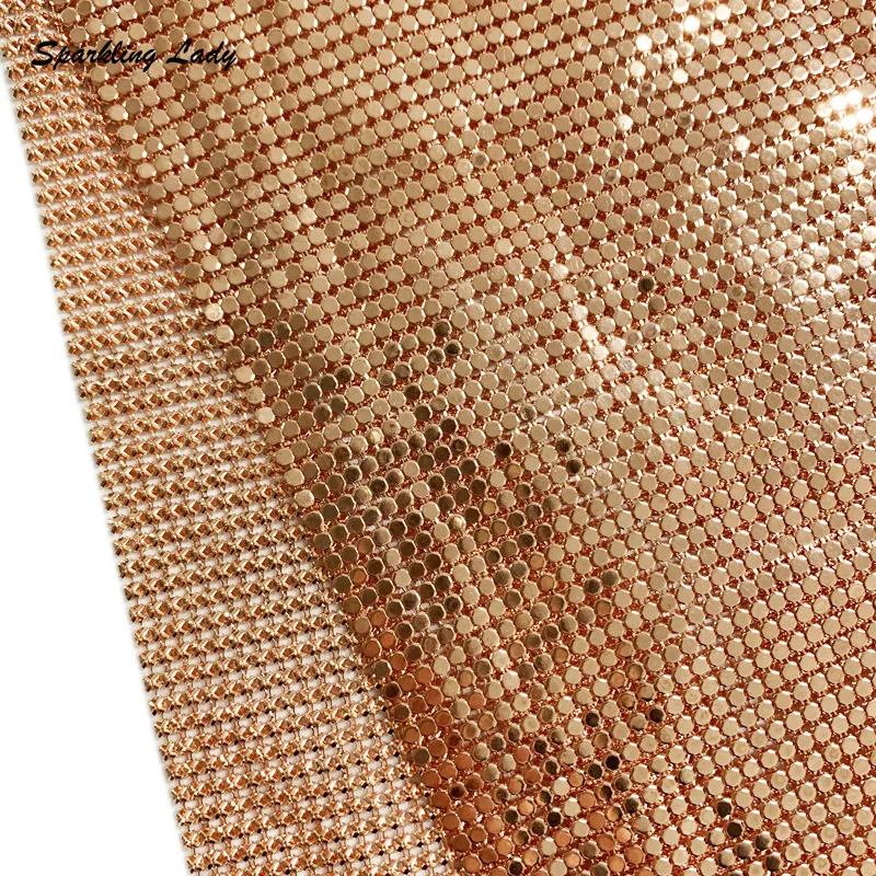 High Quality Fashion Metallic Sequin Mesh Fabric Bright Rose Gold Copper Chainmail Metal Fabric for Bags Garment Designer