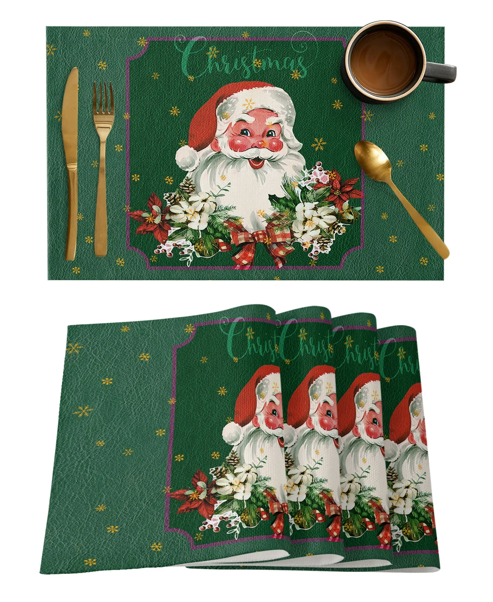 Flowers Christmas Pines Santa Claus Snowflakes Kitchen Dining Table Decor 4/6pcs Placemat Heat Resistant Tableware Pads Mats