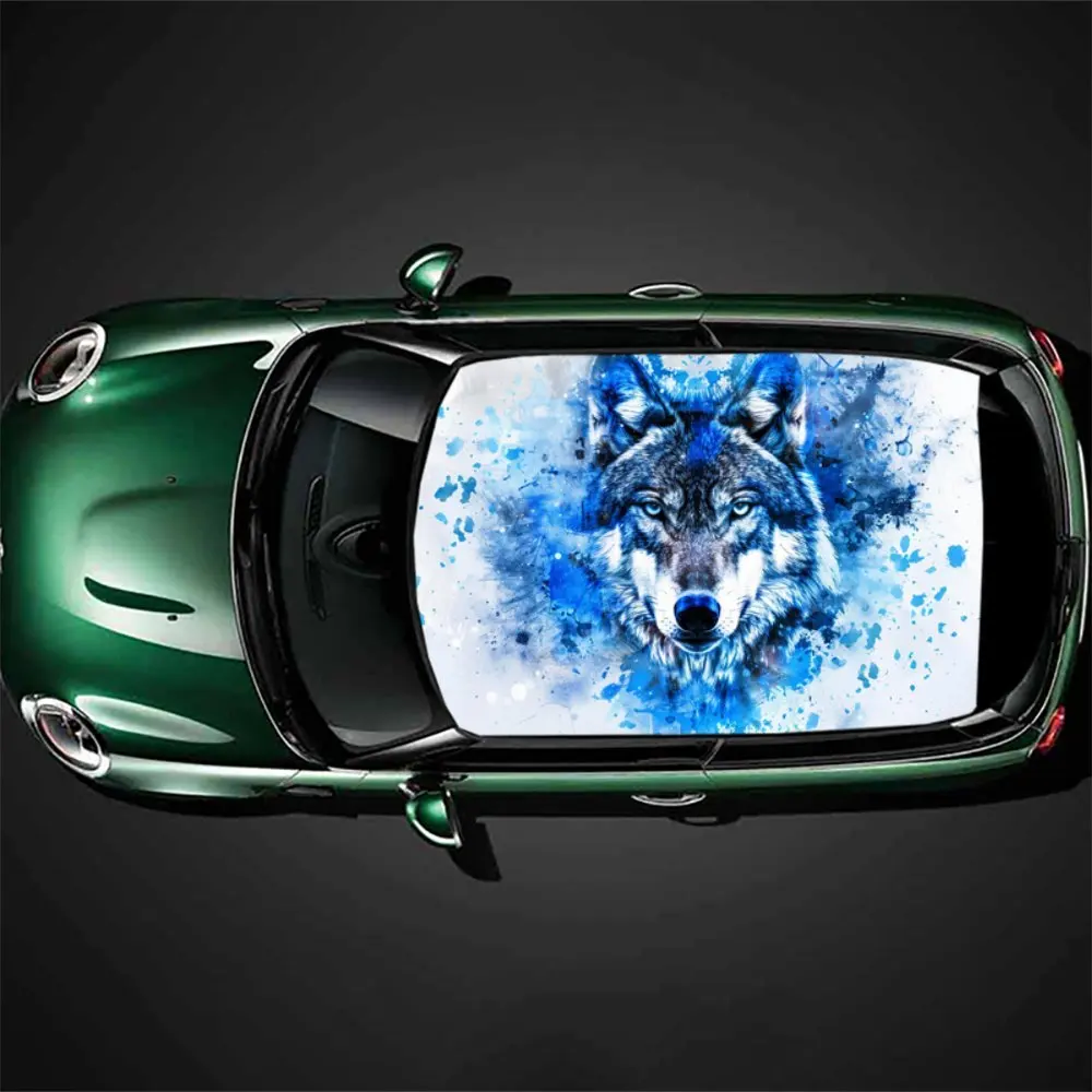 Blue ink wolf pattern car vinyl wraps, car roof graphic stickers, create a unique ride