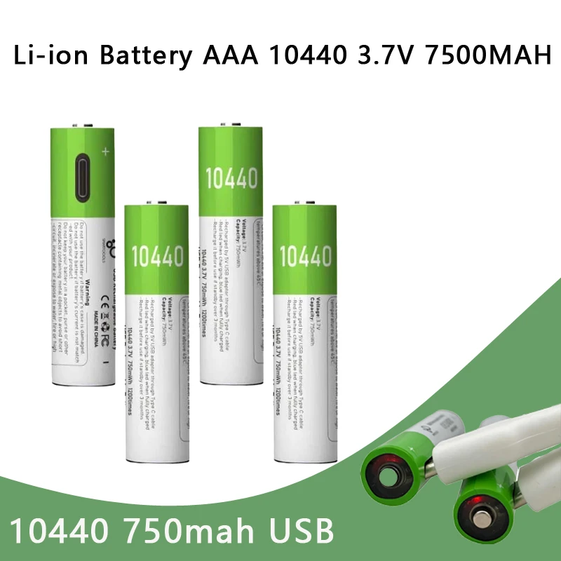

3.7V 10440 750mah USB Rechargeable Li-ion Battery AAA 10440 Button Top for Headlamp Mechanical Mod Torch Headlight Vap + Cable