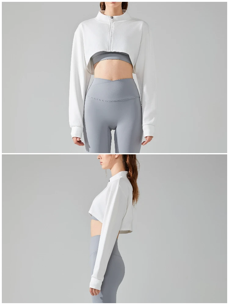 VITALINOVO Damen-Cardigan-Jacke mit Reißverschluss, langärmlig, kurzes Sweatshirt für Yoga, Workout, Laufen, Fitness, Cut-Out-Shirts, Oberteil – Detail 1