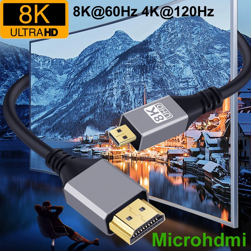 8K@60Hz Mircohdmi Micro HDMI-Compatible V2.1 Cable 48Gbps Ultra High Speed HDR For Laptop Projector PS4 PS5 HDTV Cord   1m/2m/3m