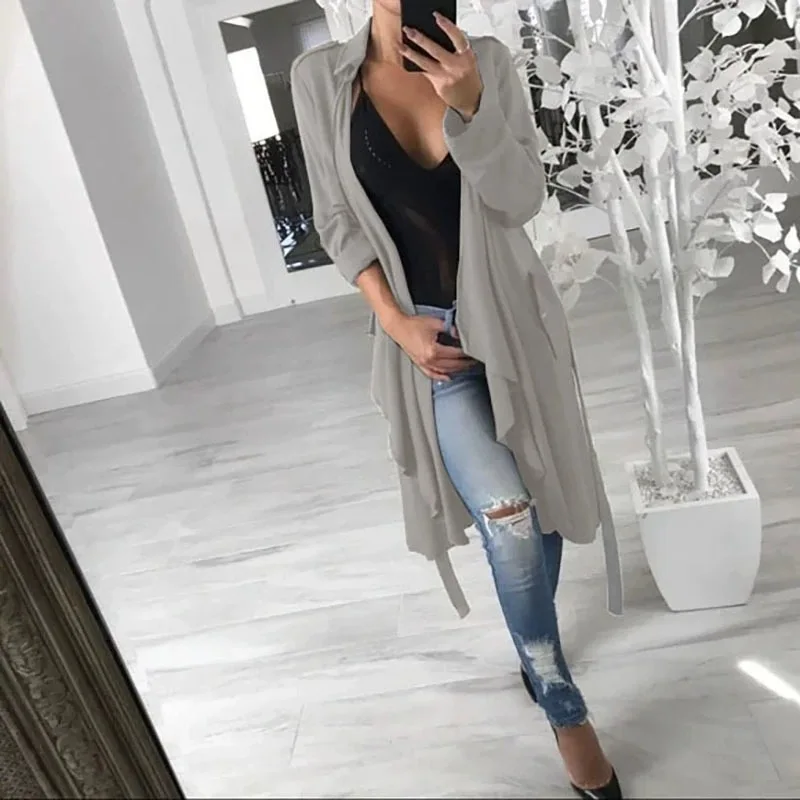 سترة واقية مفتوحة بأكمام طويلة بلون نقي للخريف والشتاء ملابس خارجية بحزام أنيقة وبسيطة للأزياء النسائية