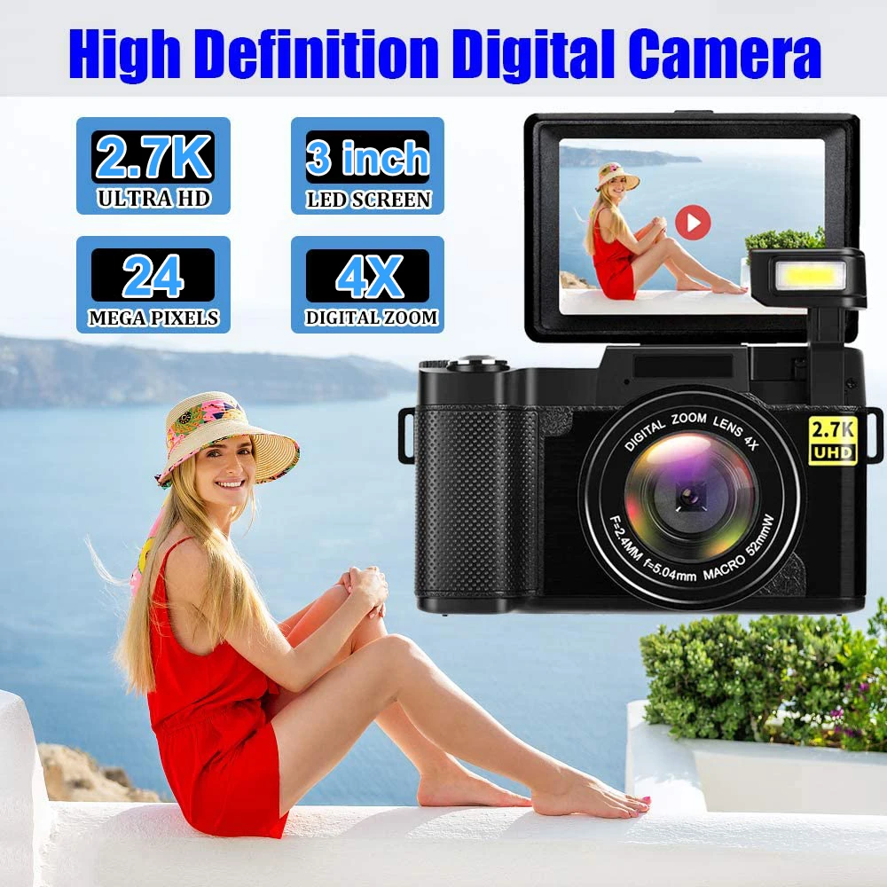 2.7K Full HD Digital Camera with Retractable Flash 3inch Photographic Camera 4x Zoom Professional EIS Video Camera for Youtube