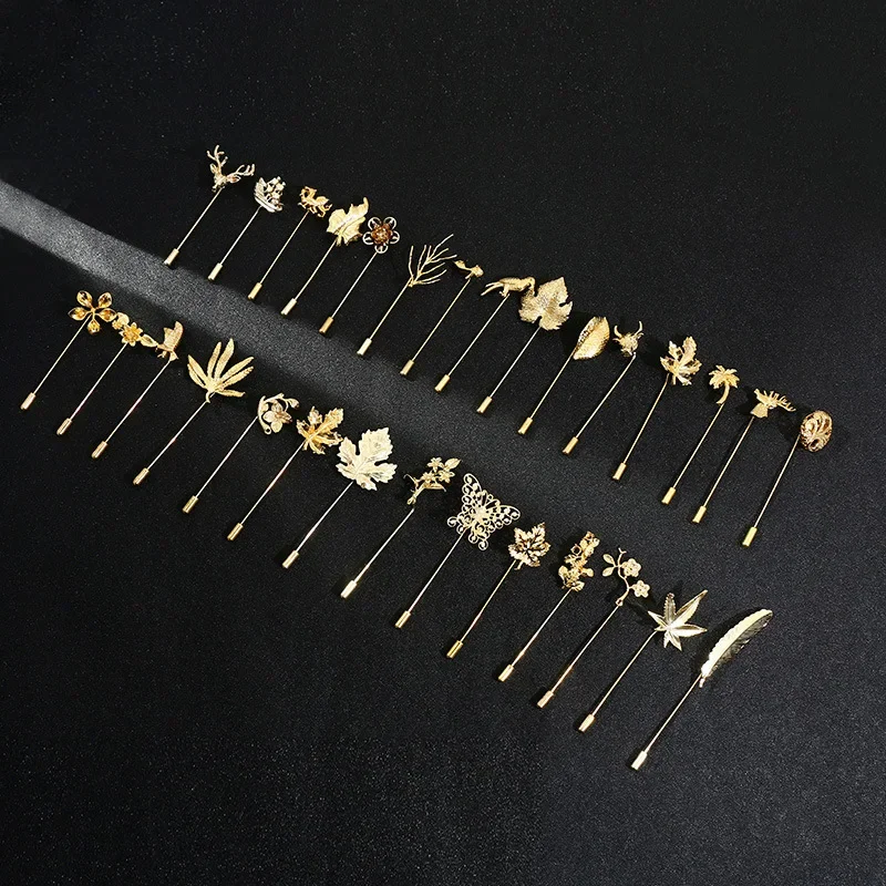 Retro Metal Leaf Flower Brooches Gold Color Animal Long Needle Lapel Pins for Women and Men Shirt Suit Badge Fashion Jewelry