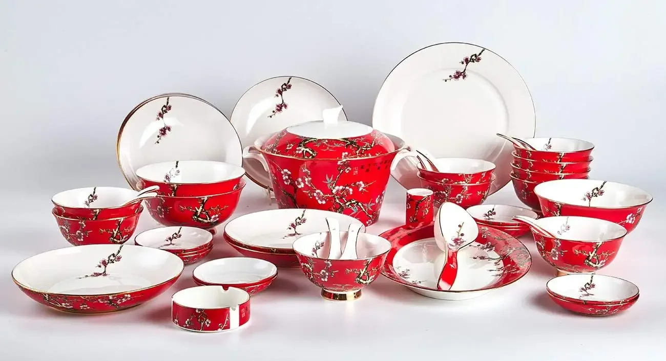 Fine Bone China, 48-Pieces Banquet Dinnerware Set Royal Red