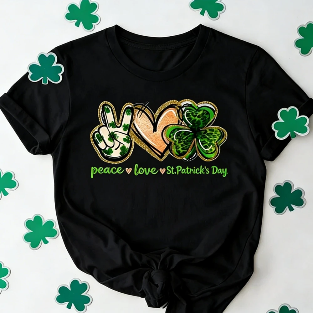 Peace Love St. Patrick's Day Peace T-Shirt, Patty's Day Clover Freizeithemd, St. Patrick's Day T-Shirt, Shamrock Bedrucktes Shirt, Damen Oberteile