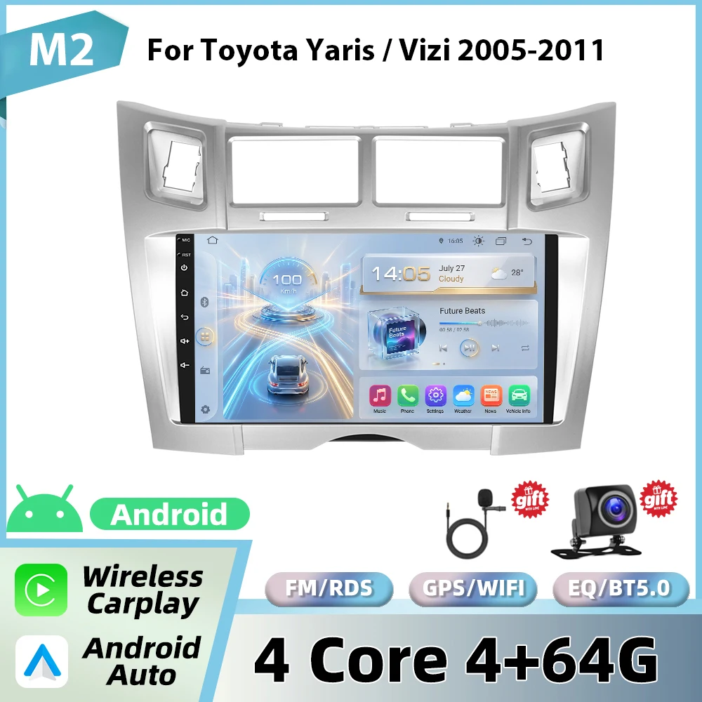Podofo draadloze CarPlay voor Apple voor Toyota Yaris/Vizi 2005-2011 Android Auto autoradio GPS FM/RDS WiFi BT multimediasysteem