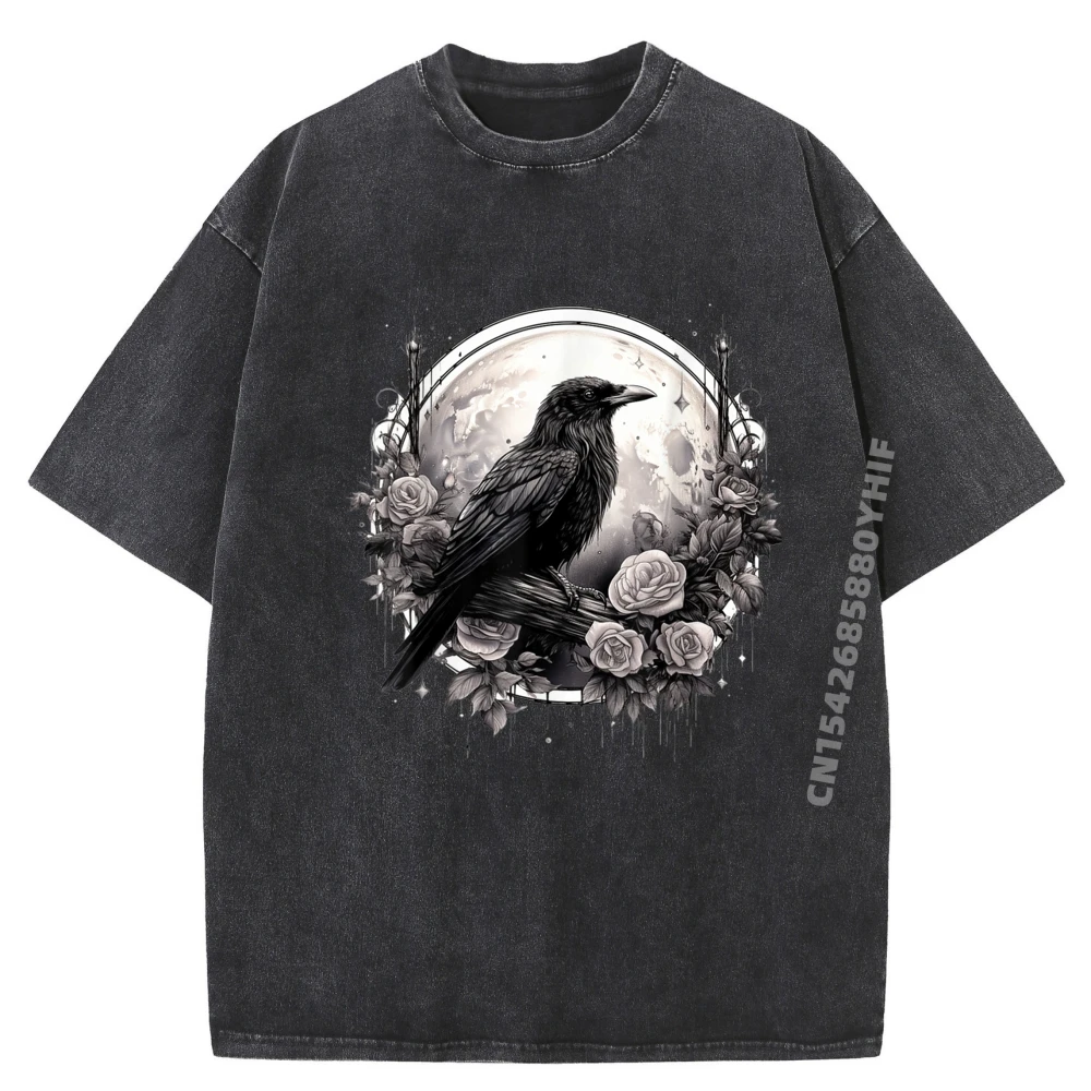

Raven Full Moon Gothic Witchy T-shirts Men Funny Tops & Tees Discount Graphic T Shirt Mens Leisure Washed Clothes