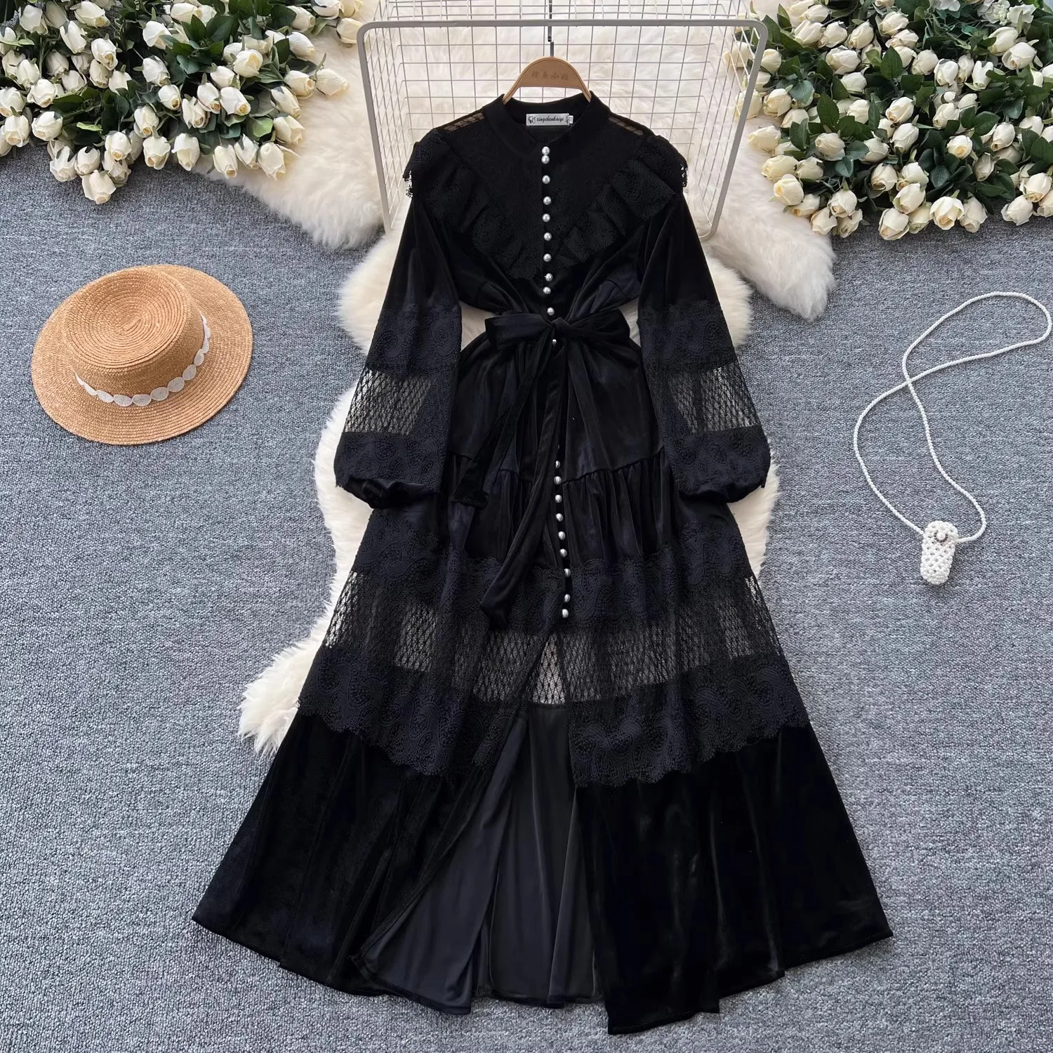 French Vintage Lace Embroidery Patchwork Velvet Dress Women Long Lantern Sleeve Pearl Buttons Lace Up Wedding Party Prom Vestido