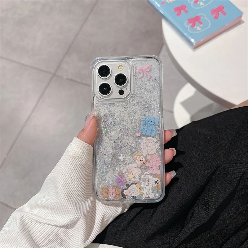 Cute Animals Floating Quicksand Case for iPhone 16 15 14 Pro Max Glitter Moving Sand Clear Hard Back Cover Shell Liquid Shields