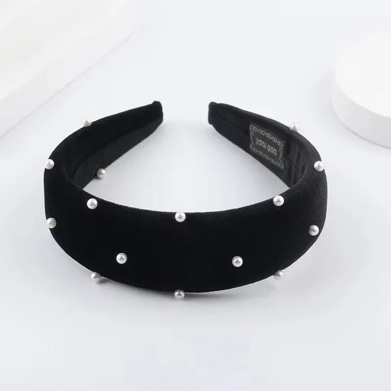 Black Velvet Pearl Headband Female High Skull Top Retro Headhoop Showing Face Small Wide-brimmed Elegant Pressed Hair Headdress