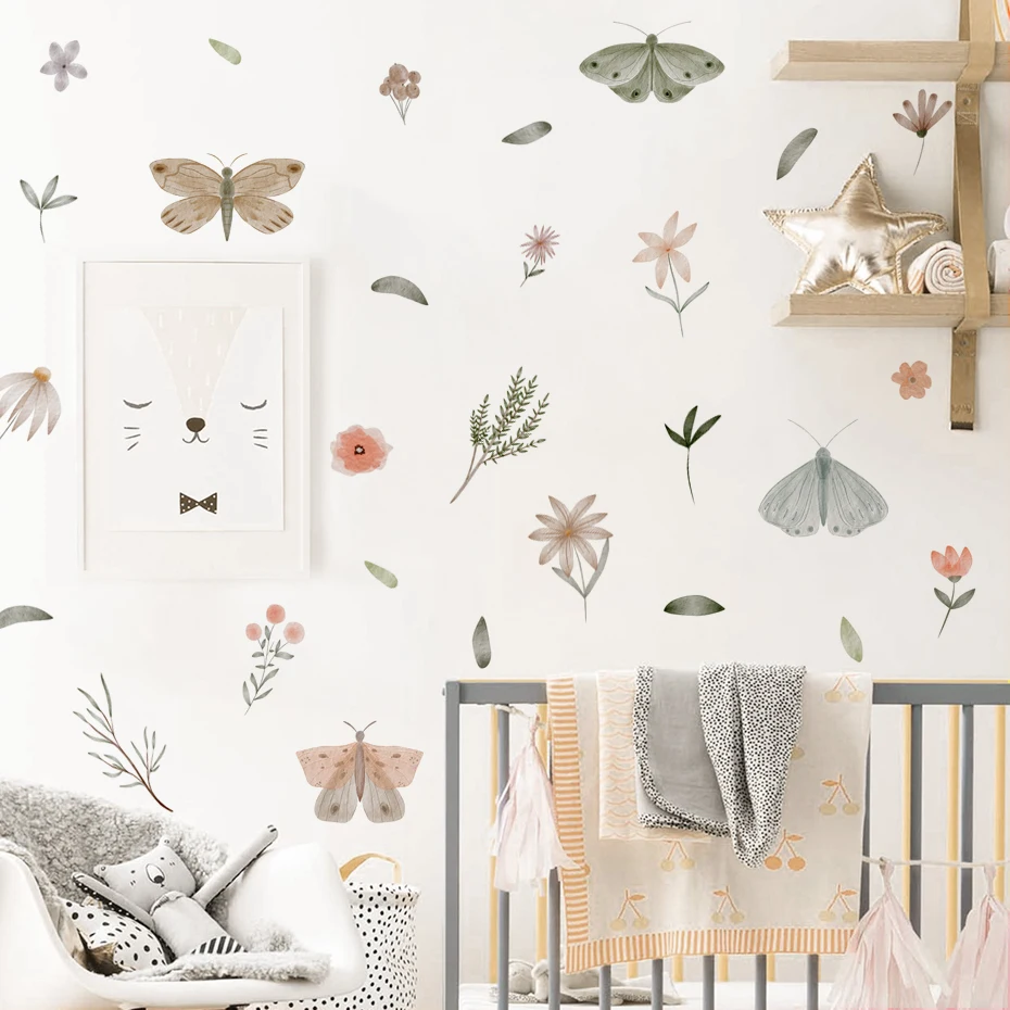 Hand Drawn Butterfly Wall Decal Pastel Watercolor Butterfly flowers Wall Sticker Lovely Decoration for Girl Nursery Home Decor