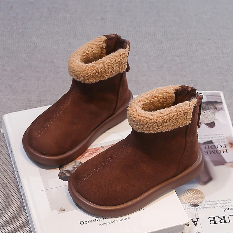 Toddler Girls Brown Suede Ankle Boots Cozy Plush Fur Cuff Back Zipper Soft Platform Sole for Winter Indoor Outdoor Daily Wear
