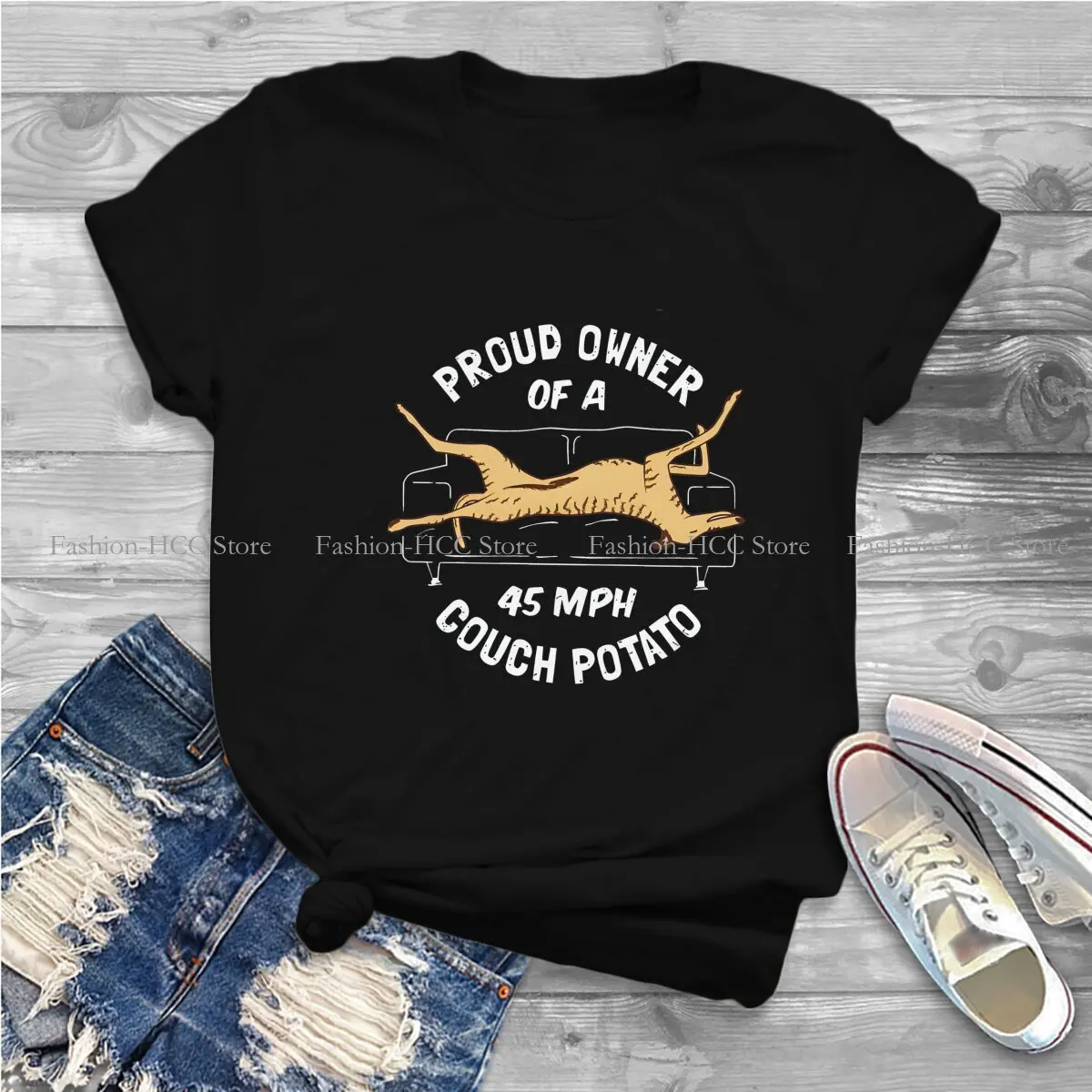 Proud Owner Of A 45MPH Couch Potato Hipster Polyester TShirts Greyhounds Dog Momen Style T Shirt O Neck