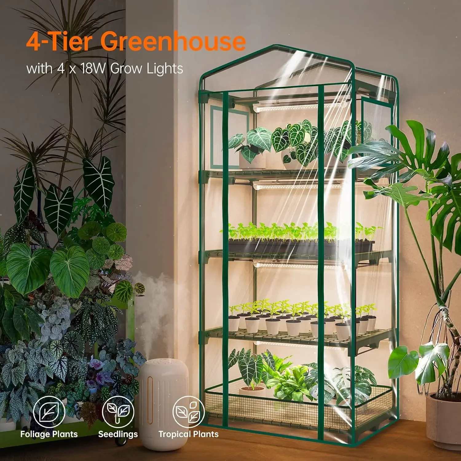 HOT Indoor Greenhouse with Grow Lights, PVC Tent with Waterproof Base Mat, Airflow Windows&Zippered Door, 4Pcs Grow Lights for S